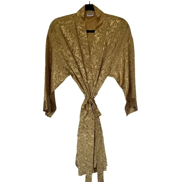 Avon Gold Floral Jacquard Robe Kimono Satin Feel Belted Vintage 80/90s S/M - Picture 5 of 12